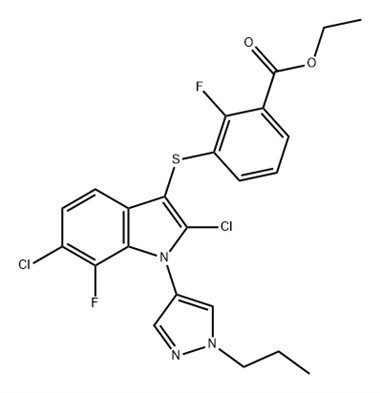 Kyselina benzoová, 3-[[2,6-dichlór-7-fluór-1-(1-propyl-1H-pyrazol-4-yl )-1H-indol-3-yl]tio]-2-fluór-, etylester (ACI) č. CAS: 1782070-79-4