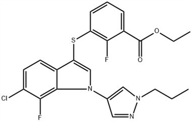 Kyselina benzoová, 3-[[6-chlór-7-fluór-1-(1-propyl-1H-pyrazol-4-yl){ {8}}H-indol-3-yl]tio]-2-fluór-, etylester (ACI) č. CAS: 1782070-73-8